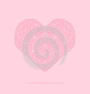 Pink polygonal heart with white lines on pastel pink background, vector illustration