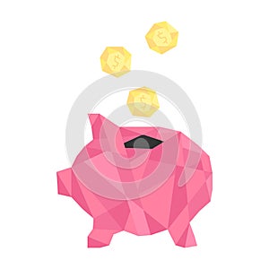 Pink polygonal piggy bank with golden coin