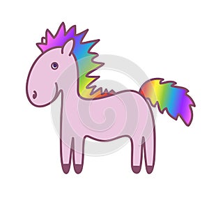 Pink pony with a rainbow mane. Children`s illustration. Vector p