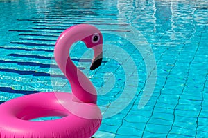 Pink pool. Pink inflatable flamingo in pool water for summer beach background. Pool float party