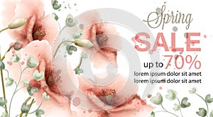 Pink poppy spring card Vector watercolor. Sale banner. Advertise poster. Invitation floral vintage compositions