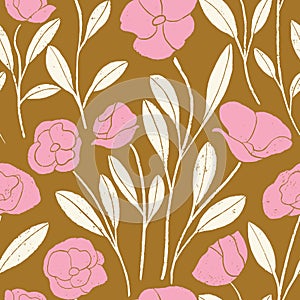 Pink poppy vintage flower seamless repeat pattern with brown background