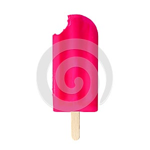 Pink popsicle with bite removed isolated on white photo