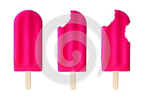 Pink popsicles with bites removed isolated on white