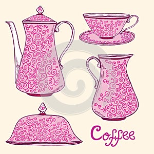 Pink porcelain service with twisted ornament, coffee pot, sugar bowl, cup and saucer, creamer, hand drawn doodle, simple sketch