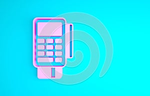 Pink POS terminal with inserted credit card and printed reciept icon isolated on blue background. NFC payment concept