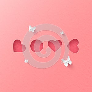 Pink postcard with heart shape arranged to word LOVE, banner poster for Valentines day