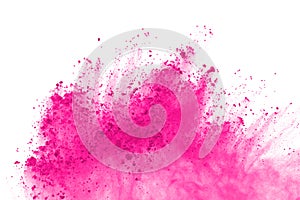 Pink powder explosion isolate on white background. Paint Holi.