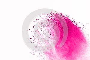 Pink powder explosion isolate on white background. Paint Holi.