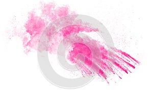 Pink powder explosion on white background. Pink dust splash cloud. Launched colorful particles