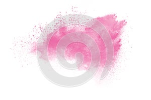 Pink powder explosion on white background. Pink dust splash cloud.Launched colorful particles