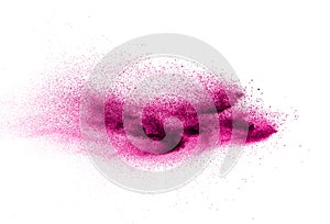 Pink powder particles splatter on white blackground