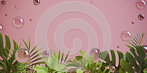 Pink presentation field with tropical plants and soap bubble