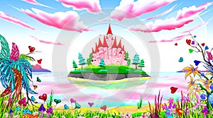 Pink princess castle fairytale landscape