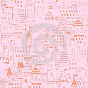Pink princess castle seamless pattern. Vector medieval towers silhouette repeat background for baby girls.