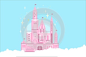 Pink princess castle in white clouds. Fairy tale building. Royal palace with towers, gate, conical roofs and flags