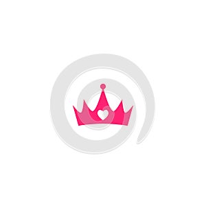 Pink princess crown with heart. Pink crown icon isolated on white.