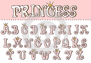 Pink princess cute font. Letters for decoration in girlish style. Doodle vector elements of royal design.