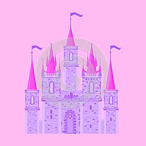 Pink princess magic castle. Flat cute fairytale palace with tower, child medieval kingdom