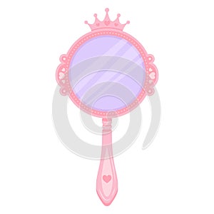 Pink princess mirror with crown. Cartoon circle hand frame for girls birthday decor. Cute vector illustration isolated