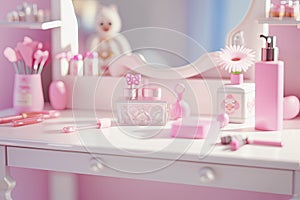 Pink princess style boudoir table. Details of the interior of the bedroom for girls and make-up. Generative Ai