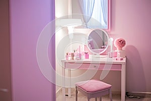 Pink princess style boudoir table. Details of the interior of the bedroom for girls and make-up. Generative Ai