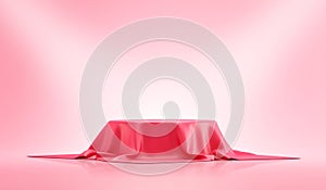 Pink product display stand or podium pedestal on advertising background with blank backdrops. 3D rendering