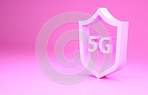 Pink Protective shield 5G wireless internet wifi icon isolated on pink background. Global network high speed connection