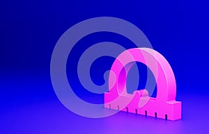 Pink Protractor grid for measuring degrees icon isolated on blue background. Tilt angle meter. Measuring tool. Geometric