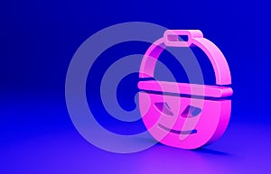 Pink Pumpkin basket for sweets icon isolated on blue background. Happy Halloween party. Minimalism concept. 3D render