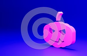 Pink Pumpkin icon isolated on blue background. Happy Halloween party. Minimalism concept. 3D render illustration
