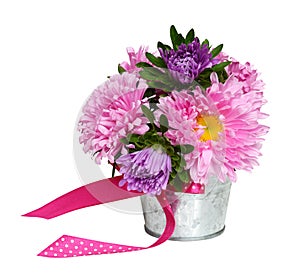 Pink and purple aster flowers in a small metal bucket isolated on white background