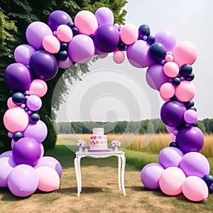 pink purple balloon arch, balloons in shape of frame, outdoors girl birthday party, decorations, cake on candybar