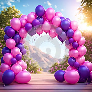pink purple balloon arch, balloons in shape of frame, outdoors girl birthday party, decorations, photozone, place for photoshoot