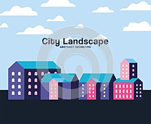 Pink purple and blue city buildings landscape with clouds design