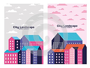 Pink purple and blue city buildings landscape with clouds frames design