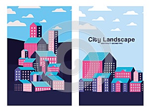 Pink purple and blue city buildings landscape with clouds frames design