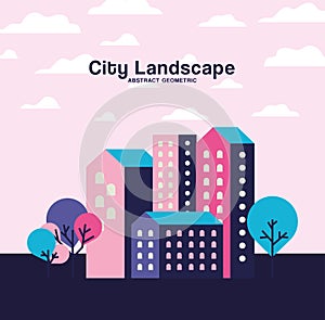 Pink purple and blue city buildings landscape with clouds and trees design