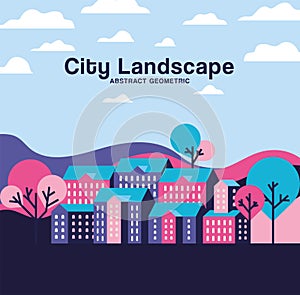 Pink purple and blue city buildings landscape with clouds and trees design