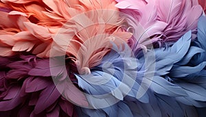 pink purple and blue feathers with white feathers. AI Generated