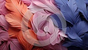 pink purple and blue feathers with white feathers. AI Generated