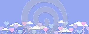 Pink, purple, blue hearts on stems and clouds on a purple background with copy space. Valentines day banner