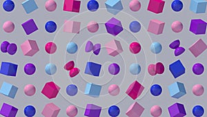 Pink, purple, blue shapes rotating. Gray background. Abstract animation, 3d render.