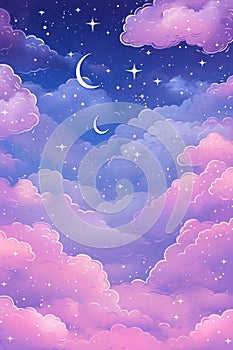 pink and purple clouds with stars and moon in the night sky