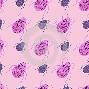 Pink and purple colored bugs seamless pattern. Doodle insects folk print on ligh pink background. Exotic backdrop