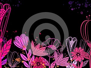 pink and purple flowers with watercolor spo black ground with space for text