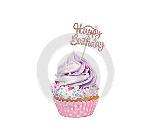 Pink and Purple happy birthday cupcake with sprinkles isolated on white