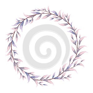 Pink and purple leaves wreath in watercolor style and space for your text