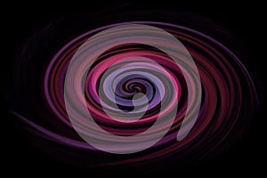 Pink and purple multicolored spherical twirl pattern on black background.