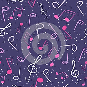 Pink and purple musical seamless pattern. Playful repetitive background with music notes and dots